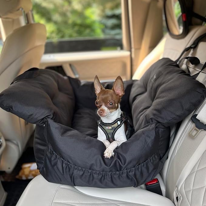 JACKO & CO Premium Dog Car Seat – Safe & Cozy Travel Bed Carrier for Small Dogs, Puppies, Pets, Clip-On Leash, Storage Pockets, Water-Resistant, Machine Wash (Black, Standard Small (1-25lbs))