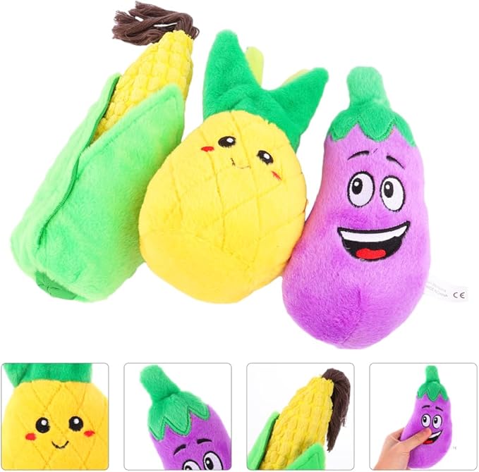 Angoily Pet Sound Toy Set 3-Pack Interactive Squeaky Dog Cat Toys Fruit Vegetable Design Educational Play for Small Dogs 9.44X3.54X3.54 Inch