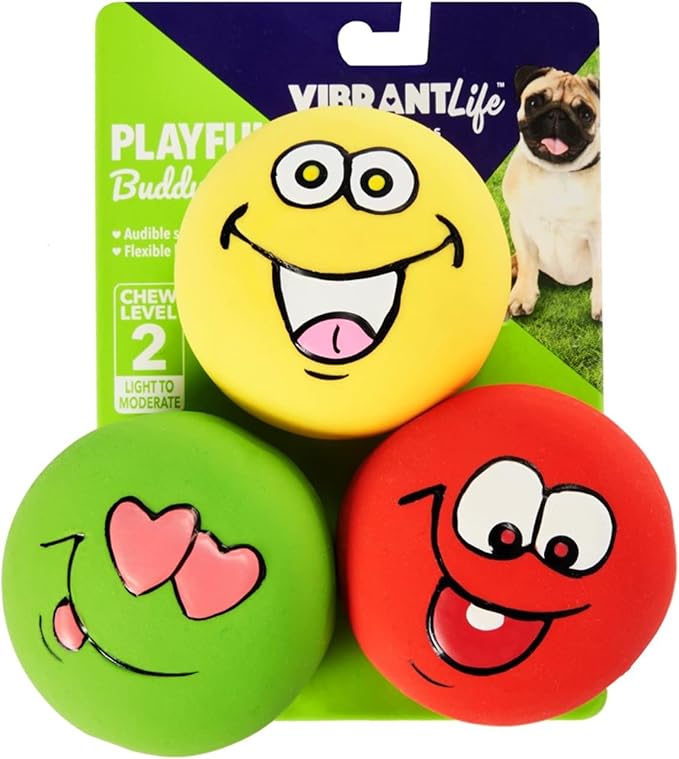 Vibrant Life Playful Buddy Emoticon Durable Rubber Latex Dog Chew Toy with Audible Squeaky Sound, Medium, 3 Count