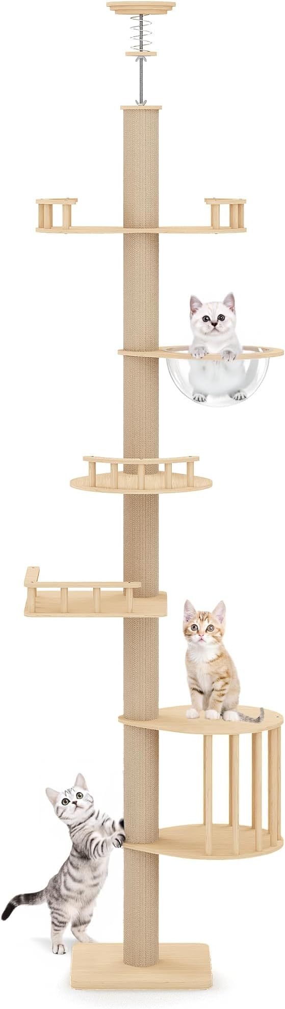Fansafurn Floor-to-Ceiling Adjustable Cat Tree Tower with Acrylic Capsule, Space-Efficient Multi-Level Structure, Sisal-Wrapped Scratching Posts, Ideal for Kittens and Large Cats, Stable and Modern