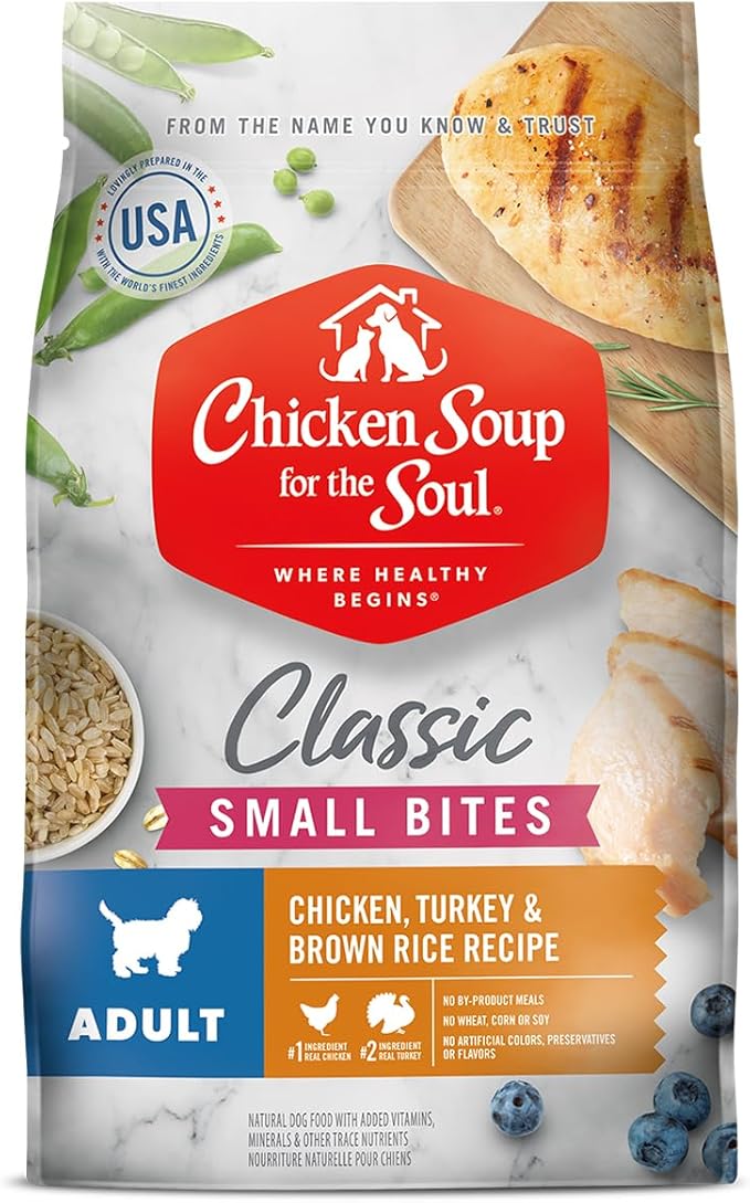Chicken Soup for the Soul All Natural Premium Small Bites Adult Dry Dog Food, Real Meat First Ingredient, No By-Products, Supports Gut & Immune Health, Chicken, Turkey & Brown Rice, 4.5lb