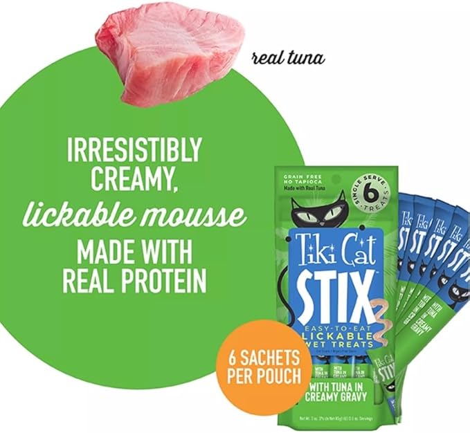 Tiki Cat Stix Wet Treats, Grain Free Lickable Smooth Mousse Blend with Tuna Creamy Gravy - Pack 6 Stix in 1 Pouch, Plus 1 Cat Pom Pom Balls Toy