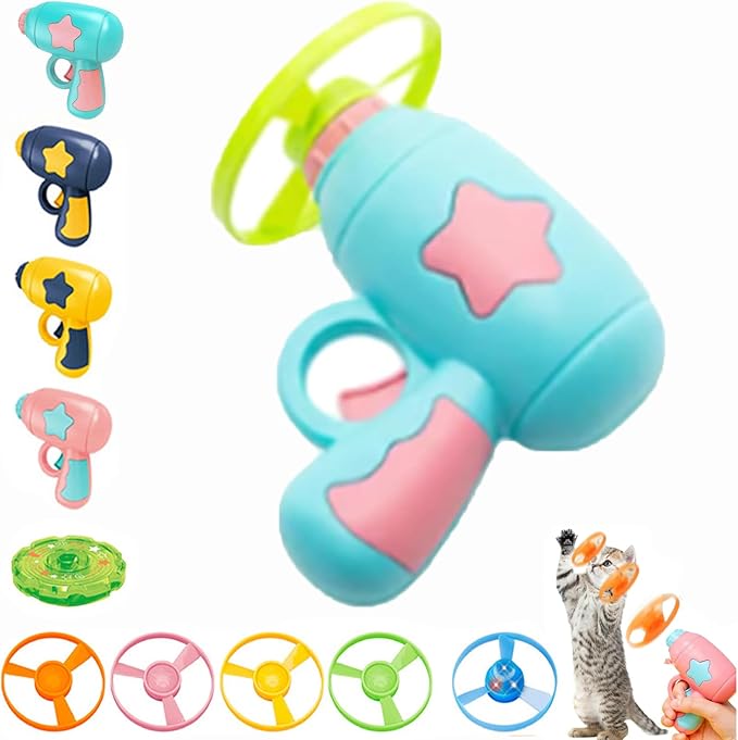 Bamboo Dragonfly Catapult Pistol, Bamboo Dragonfly Catapult Launcher, cat Fetch Toy Flying disc Saucer Launcher, Cat Fetch Toy with Colorful Flying Propellers Set (Blue)
