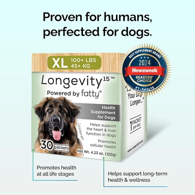 Longevity15 C15:0 Dog Health Supplement (30-Day Supply) & Yummy Combs Dog Dental Treats (8oz Bag) for Large Dogs – C15:0 Fatty Acid for Daily Wellness, Food Topper – VOHC Approved Oral Care Treat