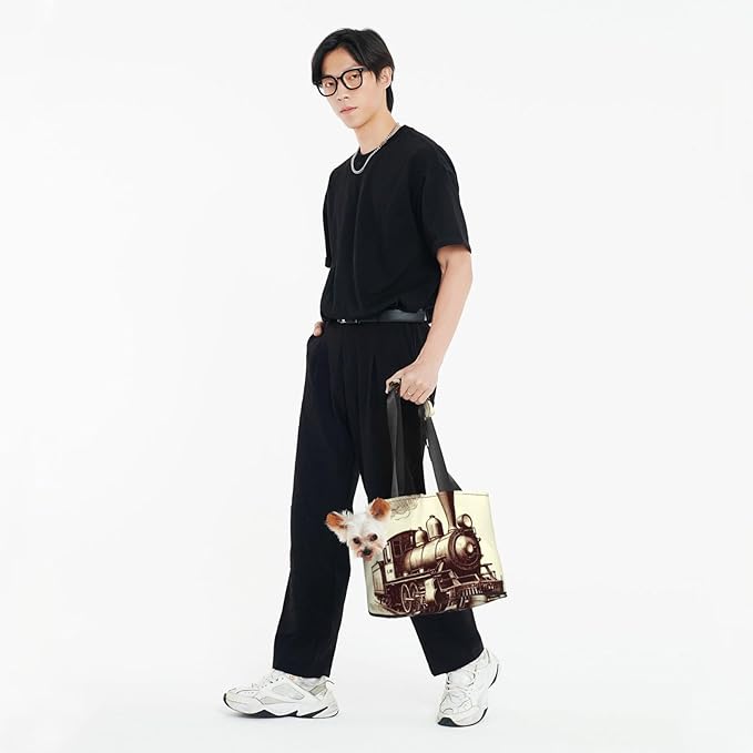 Train Print Foldable Pet Tote Bag, Shoulder Carrier for Small Dogs and Cats