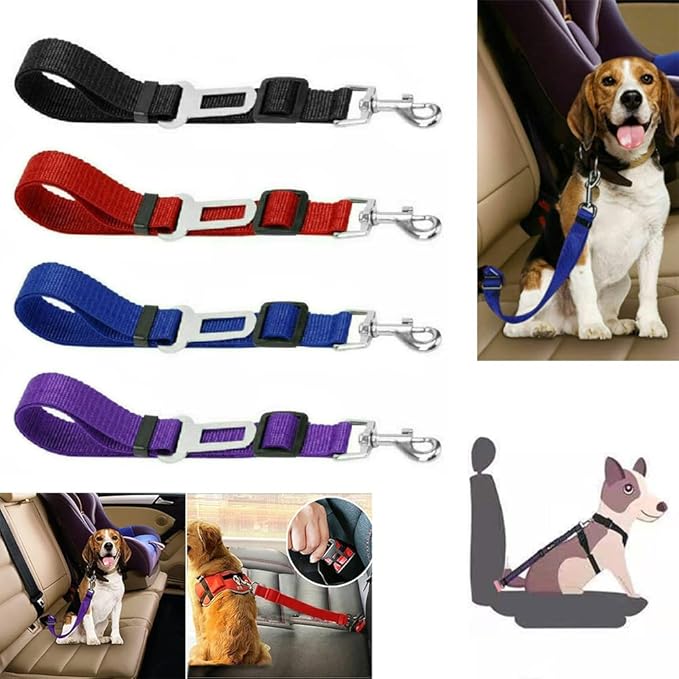 4 Pack Cat Dog Pet Safety Seat Belt Adjustable Clip for Car SUVS Vehicle Harness Lead Leash Seat Tether, (Nylon Fabric- Black, Blue, Red, Purple) (Black)