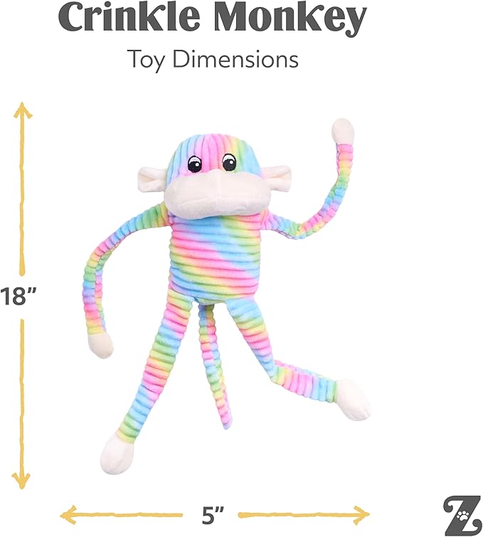 ZippyPaws - Spencer The Crinkle Monkey Dog Toy, Squeaker and Crinkle Plush Toy - Rainbow, Large