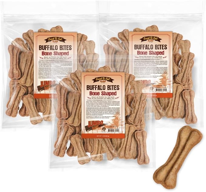Gootoe Buffalo Dog Treats, Natural Low-Fat Chews for Training & Rewards, Limited Ingredient, Puppy Treats for Small Dogs & Puppies, Buffalo Bites Bone Shaped, 1.5 lb (Pack of 3)