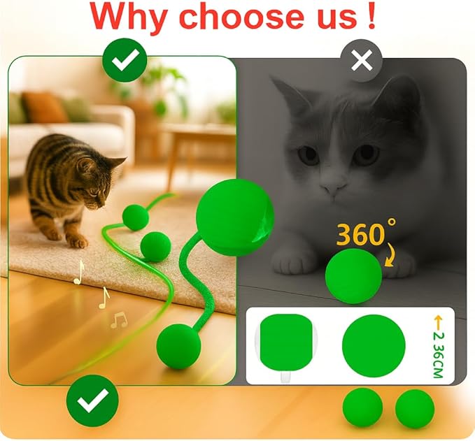 Interactive Cat Toy Ball Green – Smart Rolling Cat Ball with Feather Tail Attachment – Glowing Color Modes – Dual Speed – Automatic Cat Toy for Indoor Cats & Kittens