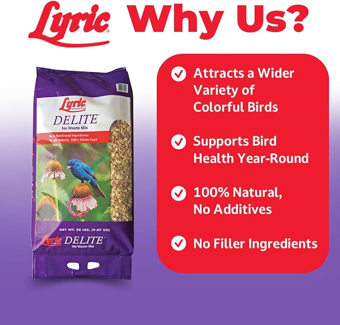 Lyric Delite Wild Bird Seed for Outside Feeders - No Waste Bird Food, Shell-Free Nuts & Seeds Mix, Attracts Buntings, Chickadees & Finches, 5 lb Bag