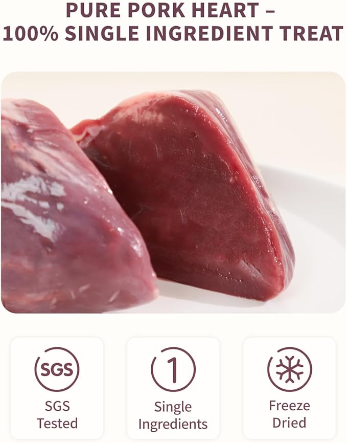 Freeze-Dried Pork Heart Treat for Small Dog & Cat, Natural Single Ingredient Cats Dogs Dry Food, Dehydrated Whole Cut Pet Raw Treats for Heart & Coat Health(2.8 oz)