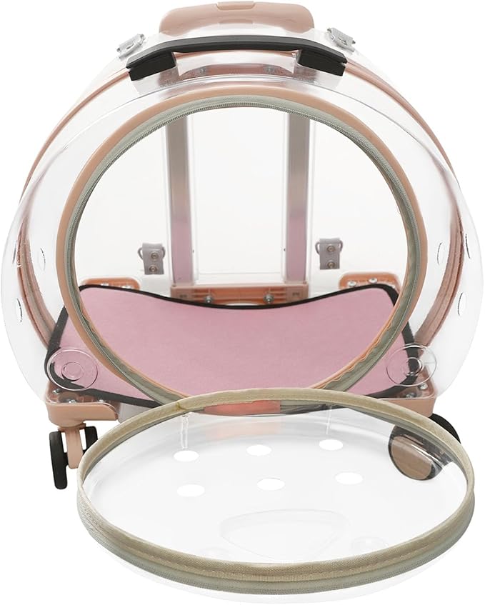 Cat Carrier with Wheels Transparent Hard Cat Carrier with Soft Mat Pet Trolley Case Pet Backpack for Cats Small Dog, 15.7" X 10.6" X 17.7" (Pink)