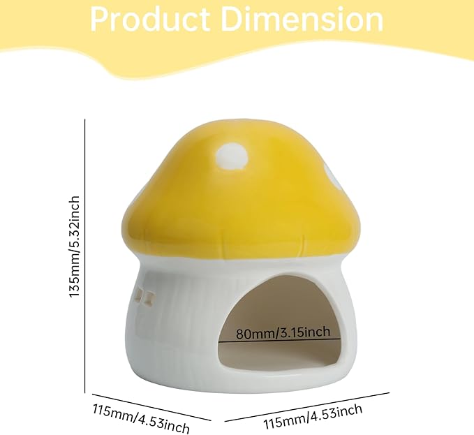 AnRui Ceramic Mushroom Aquarium Decor Cute Mini House Betta Fish Tank Accessories Decoration Hideaway Hideout Cave Ornament for Small Fish, Shrimp, Goldfish and Reptiles (Yellow, Large)