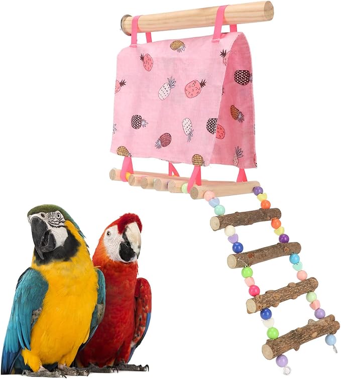 Bird Hut Hammock Tent with Ladder, Vibrant Color Open Front and Back, and Non Cloth Material, Climbing Ladder Toy for Parrots and Small Pets, Bird Cage Accessories