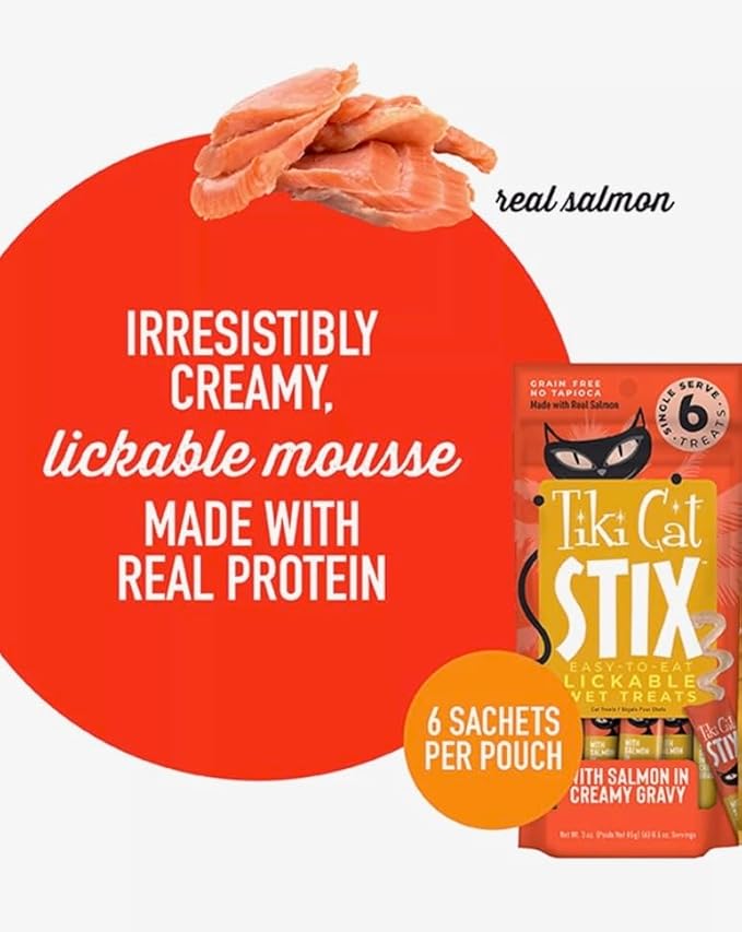 Tiki Cat Stix Wet Treats, Grain Free Lickable Smooth Mousse Blend with Salmon in Creamy Gravy 6 Stix in 1 Pouch (Pack of 2) with 1 Cat Pom Pom Ball Toy