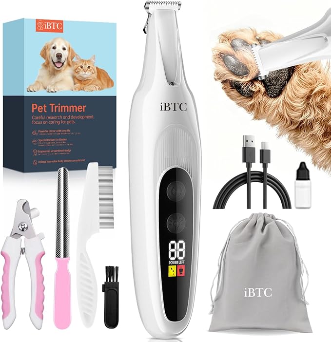 iBTC 2026 New Pet Precision Trimmer, Dog Paw Trimmer with LED Light, Low Noise, IPX Waterproof, Dual-Speed Motor, Suit for Trimming Paw, Ear, Face, Butt, Eyebrows, USB Rechageble