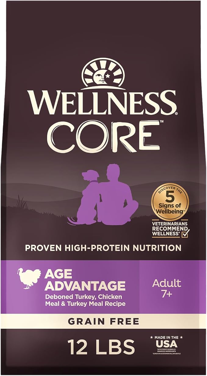 Wellness CORE Age Advantage Senior Dry Dog Food, Grain Free Kibble, Natural, High Protein, Turkey and Chicken Recipe, 12 lb Bag