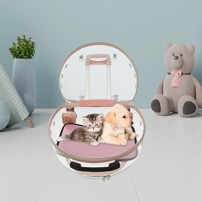 Cat Carrier with Wheels Transparent Hard Cat Carrier with Soft Mat Pet Trolley Case Pet Backpack for Cats Small Dog, 15.7" X 10.6" X 17.7" (Pink)