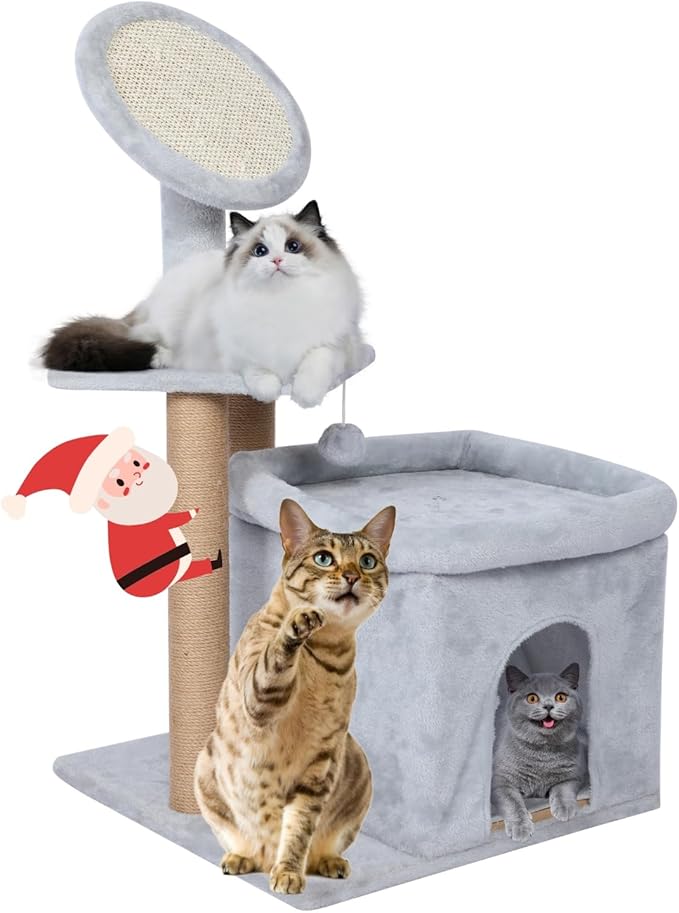 33 inch Small Cat Tree Tower, Cat Tree for Indoor Cats, Cat Scratching Post with Sisal Scratching Pad & Board, Cat Condo for Large Cats and Kittens, Cat Playhouse with Hanging Ball for Play, Grey