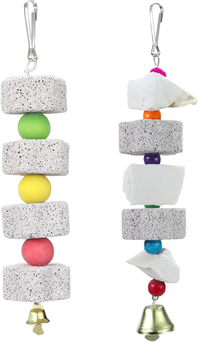2Pcs Bird Beak Trim Cuttlebone Calcium Stone Lava Block Chew Toy Grinding Teeth Natural Minerals with Bell for African Greys Amazon Conure Eclectus Budgies Parakeet Cockatiel Hamster Chinchilla Rabbit