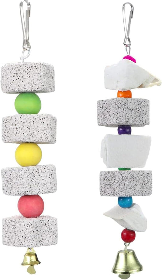 2Pcs Bird Beak Trim Cuttlebone Calcium Stone Lava Block Chew Toy Grinding Teeth Natural Minerals with Bell for African Greys Amazon Conure Eclectus Budgies Parakeet Cockatiel Hamster Chinchilla Rabbit