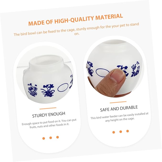 5pcs Large Round Parrot Food Bowls Blue and White Porcelain Pattern, Bird Cage Feeding Cups for Parakeet and Cockatiel Supplies