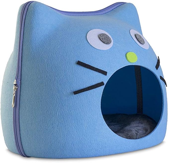 Furhaven Cat Cave for Indoor Cats, Lightweight & Stackable - Cat Shaped Face Décor Felt Cubby Hideaway - Light Blue, One Size