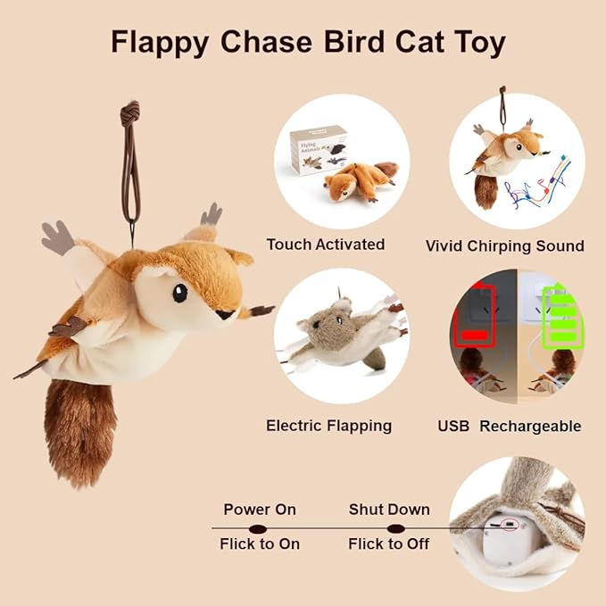 Interactive Rechargeable Flying Bird Cat Toy, Interactive Chirping Bird Wings, Flapping Bird Cat Toy, Chirping Bird Cat Toy for Bored Cats (G-Squirrel+Mouse+Eagle)