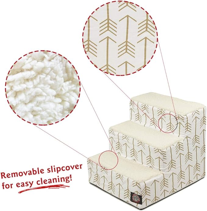 Majestic Pet 3 Step Portable Dog Stairs for Small Dogs to get on Bed Supports 25 lbs or Less – Dog Steps for High Bed with Machine Washable Cover – Pet Stairs for Cats Arrow White/Gold