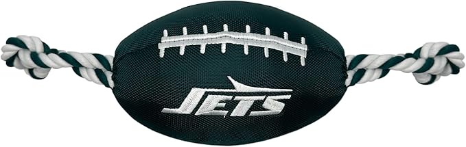Pets First NFL New York Jets Football Dog Toy, Tough Quality Nylon Materials, Strong Pull Ropes, Inner Squeaker, NFL Team Color