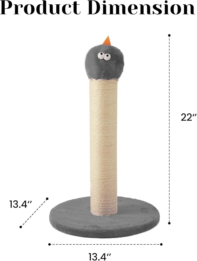 Cat Scratching Post for Small Space, 22'' Scratching Posts for Indoor Cats Adults, Extra Wide 13.4" Stable Base & Natural Sisal, Cute Cat Scratching Post with Short Plush Fabric for Large Cats, Gray