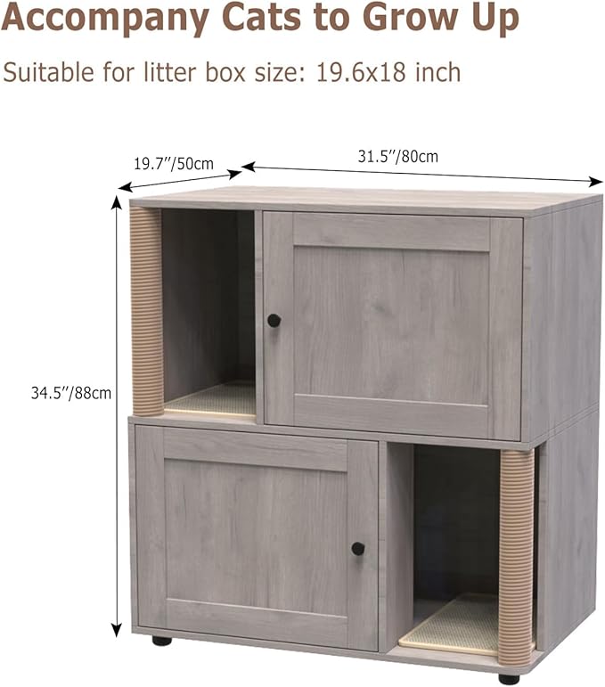 Dual Cat Litter Box Enclosure, Hidden Litter Furniture Cabinet with Two Scratch Mats and Scratching Post, Modern Farmhouse Wooden Covered Cat Washroom, End Table Design, Grey