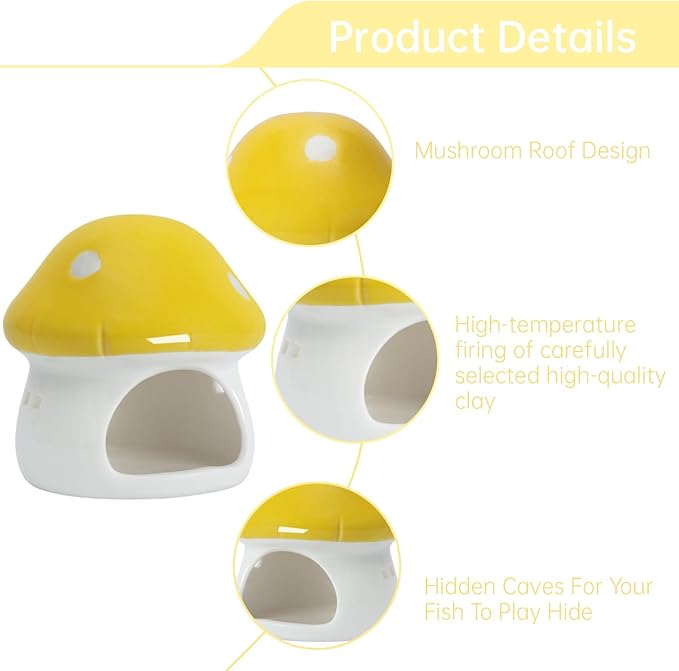AnRui Ceramic Mushroom Aquarium Decor Cute Mini House Betta Fish Tank Accessories Decoration Hideaway Hideout Cave Ornament for Small Fish, Shrimp, Goldfish and Reptiles (Yellow, Small)