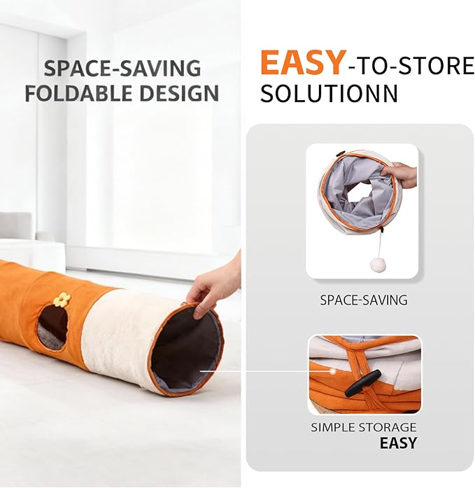Large Cat Tunnels for Indoor Cats, Durable & Collapsible Play Tubes and Tunnels with Crinkle Sound & Balls for Adult Cats & Kittens (Orange)