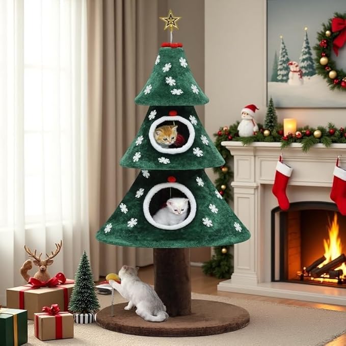 DWVO Christmas Cat Houses for Indoor Cats, Christmas Cat Tree Tower with 2 Cozy Houses, Kitty Furniture with Teaser Plaything for Christmas Decoration