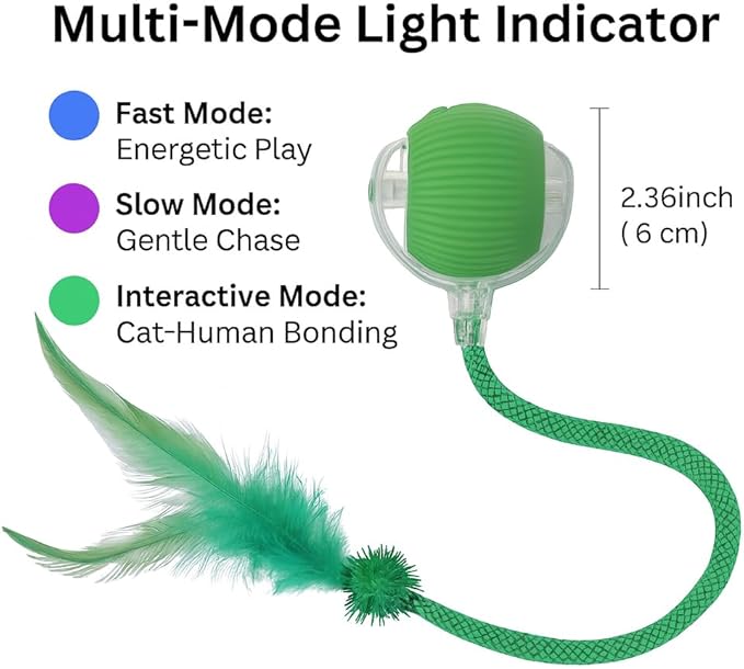 Interactive Cat Toy Ball Green – Smart Rolling Cat Ball with Feather Tail Attachment – Glowing Color Modes – Dual Speed – Automatic Cat Toy for Indoor Cats & Kittens