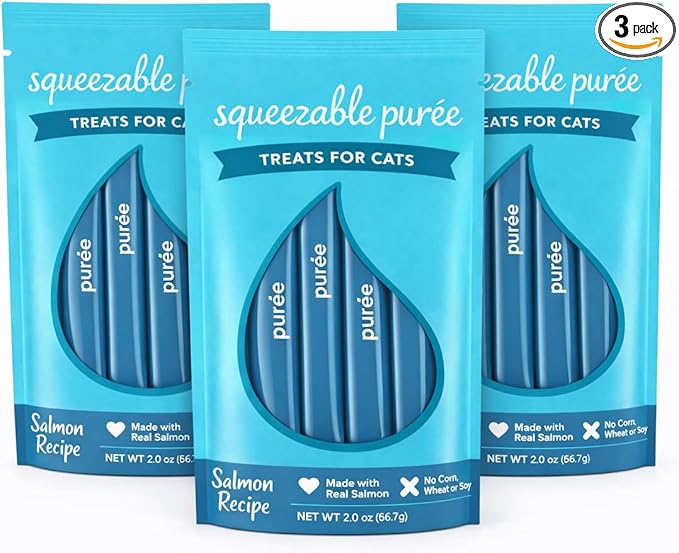 Lickable Cat Treats Squeezable Salmon Puree Tubes (12 x 0.5oz) | Grain Free Creamy Wet Treats for Picky Eaters Kittens Adults High Protein Omega Rich Food Topper Bonding Snack