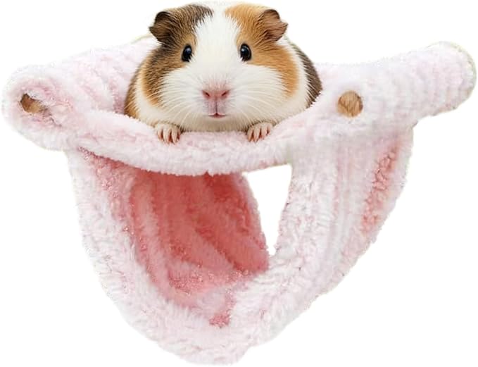 Winter Warm Guinea Pig Hammock, Double Layer Hanging Chinchilla Nest Bed with Warm Plush, Bird Cage Stand Perch, Hideaway Cave Tent, Sleep Bed Cage Accessories for Rat Sugar Glider Parrot (Pink)