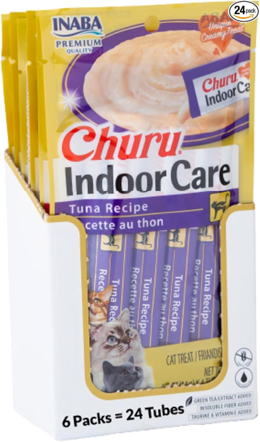 INABA Churu Indoor Care for Hairball Control, Functional Lickable Cat Treat with Taurine & Green Tea Extract, 0.5oz Each, 24 Tubes Total, Tuna Recipe