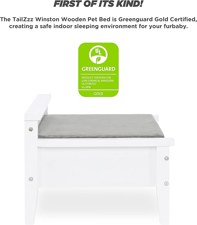 Wooden Dog Bed with Water-Resistant Mattress, Small to Medium Elevated Pet Bed with Calming Pet Mattress, Greenguard Gold Certified, Modern Dog Couch, Winston - TailZzz