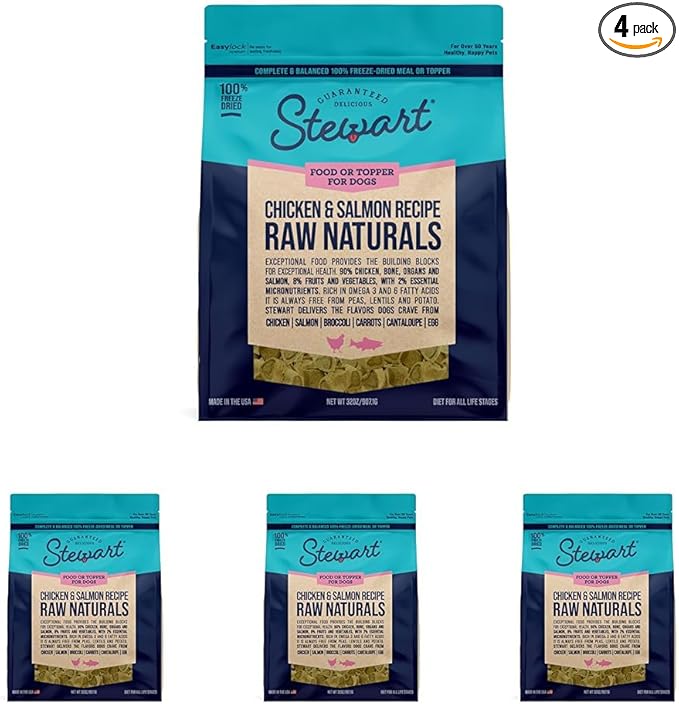 Stewart Raw Naturals Freeze Dried Raw Dog Food or Meal Topper, Chicken and Salmon Recipe, 32 Ounce Bag, Complete and Balanced Nutrition (Pack of 4)