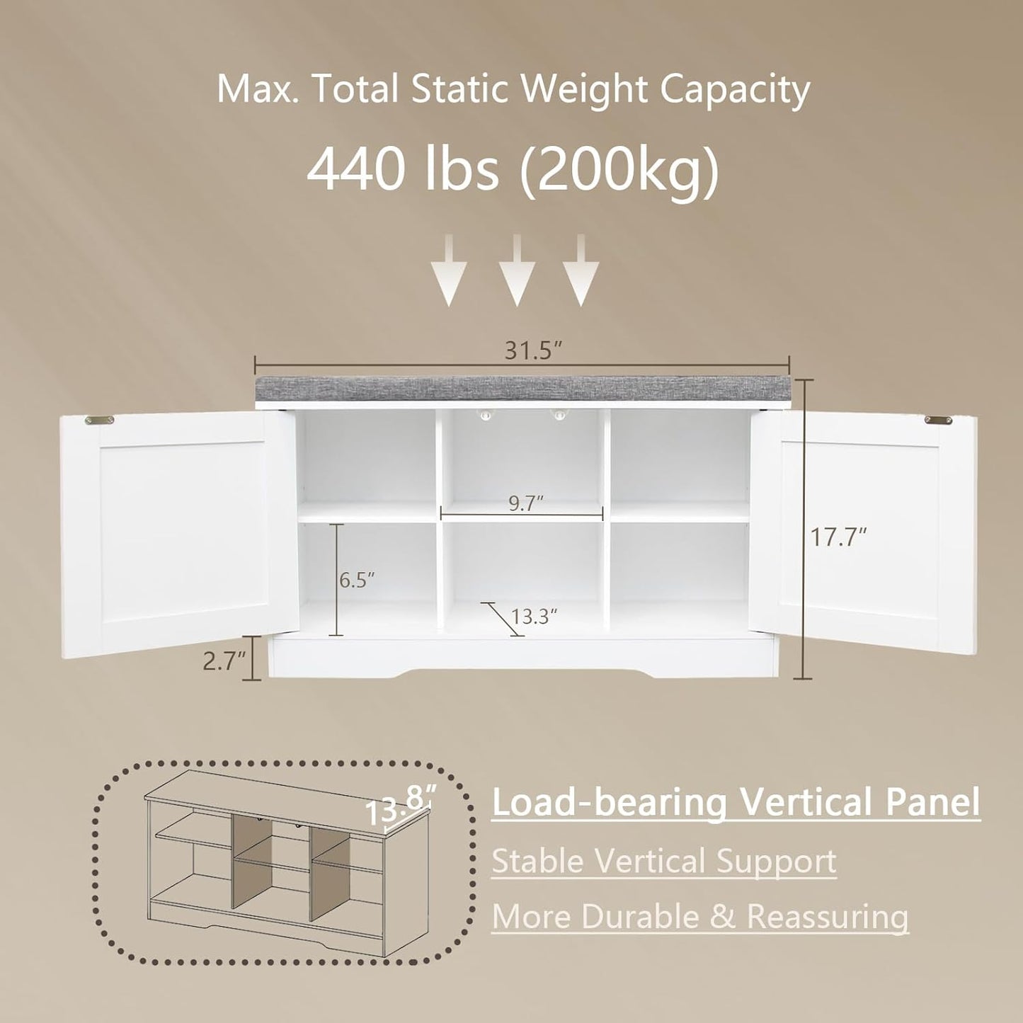 DINZI LVJ Shoe Bench, Entryway Storage Bench with Doors, Cushion, 2-Tier Shoe Rack with 6-Cubby, 31.5”L x 13.8”W Shoe Organizer Cabinet, Adjustable Shelf, Living Room, Bedroom, White