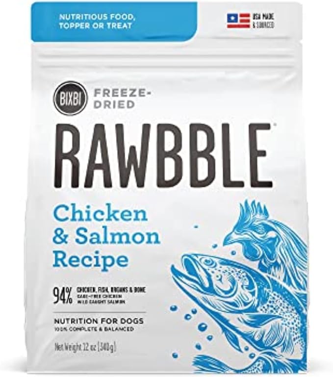 BIXBI Liberty Freeze-Dried Dog Food Topper & Treats, Chicken & Salmon – 94% Meat & Organs, No Refrigeration – USA Made, 12 oz