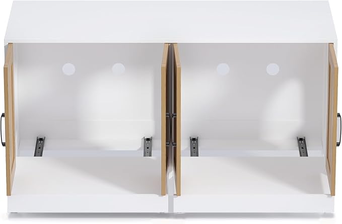 Double Room Litter Box Enclosure, 47 Inch 2 Cats Hidden Litter Box Furniture with Sisal Doors and Sliding Bottom Drawers, Wood Indoor Cat Cabinet TV Stand White