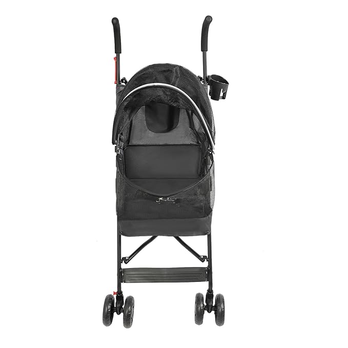 4-Wheel Pet Travel Stroller, Foldable & Lightweight Dog Cat Cage Jogger Stroller, Breathable and Visible Mesh for Small & Medium Dogs & Cats (Up to 22lbs) (Black)