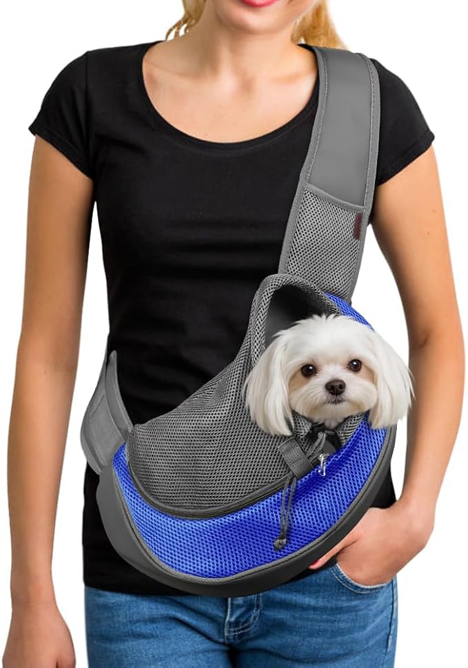 YUDODO Pet Sling Carrier for 5-9 lbs Small Dogs & Cats – Hands-Free Puppy Carrier with Safety Hook, Large Zipper Pocket, Soft Breathable Mesh, Adjustable Strap & Reflective Strip (Blue 1.0 M)