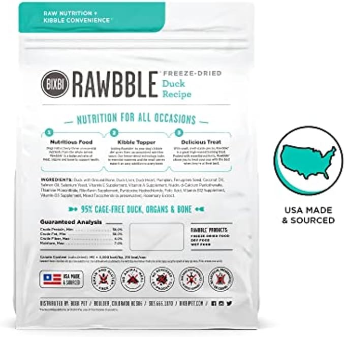 BIXBI Liberty Freeze-Dried Dog Food Topper & Treats, Duck – 95% Meat & Organs, No Refrigeration – USA Made, 26 oz