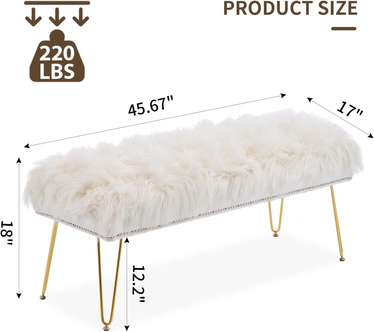 46 Inch White Bedroom Bench, Benches for Bedroom White Faux Fur Upholstered Bed end Bench, Tufting Ottoman Bench Indoor Bench with Metal Legs for Living Room Bedroom Entryway, White