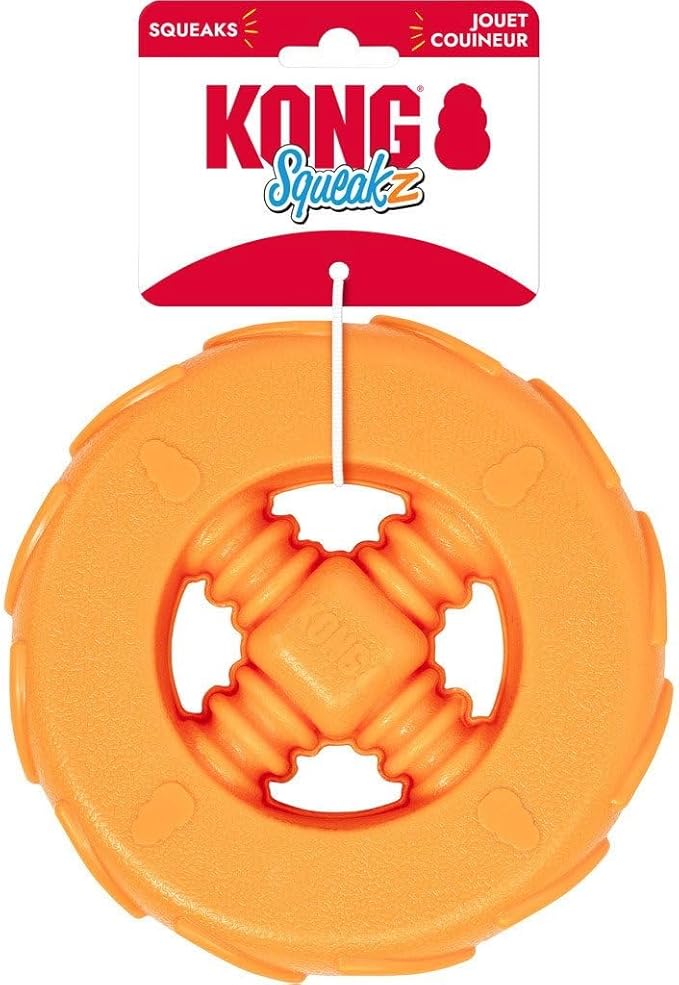 KONG Squeakz Dog Toy – Durable Rubber Fetch & Chew Toy with Squeakers, Interactive Enrichment Toy for Active Dogs (Wheel, Large)