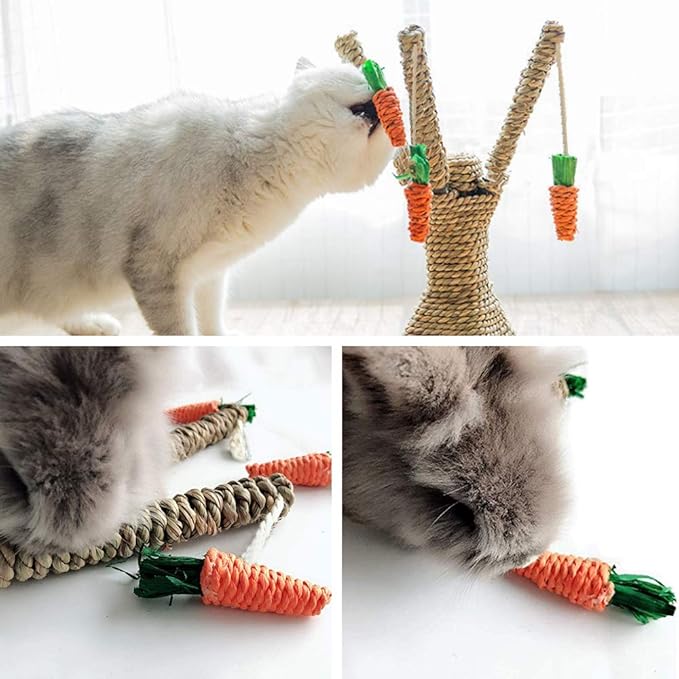 Bunny Chew Toys, Rabbit Scratching Climbing Tree with Carrot Shaped Toy, Handwoven Seagrass Chew Toy for Rabbits, Cats, Hamsters, Gerbils Teeth Grinding